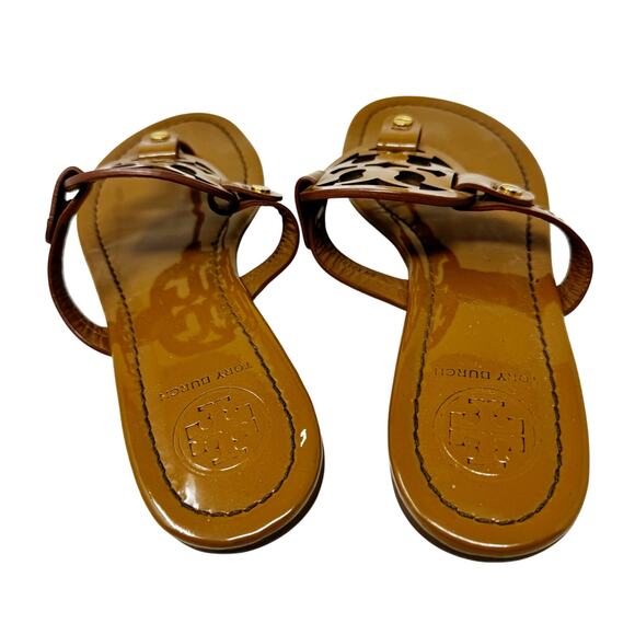TORY BURCH Tan Caramel Patent Leather Miller Classic Designer Logo Sandals 7.5 - Picture 4 of 8